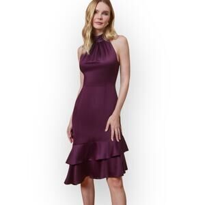 Adrianna Papell Midi Dress Womens 8 Purple Satin Halter Ruffled Hem Asymmetrical